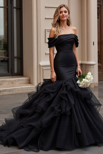 Ruffle Mermaid Tulle Off The Shoulder Black Wedding Dress
